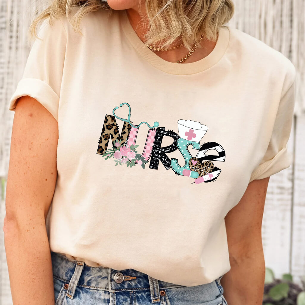 Stylish Nurse T-shirt - Leopard Print with Flowers and Stethoscope