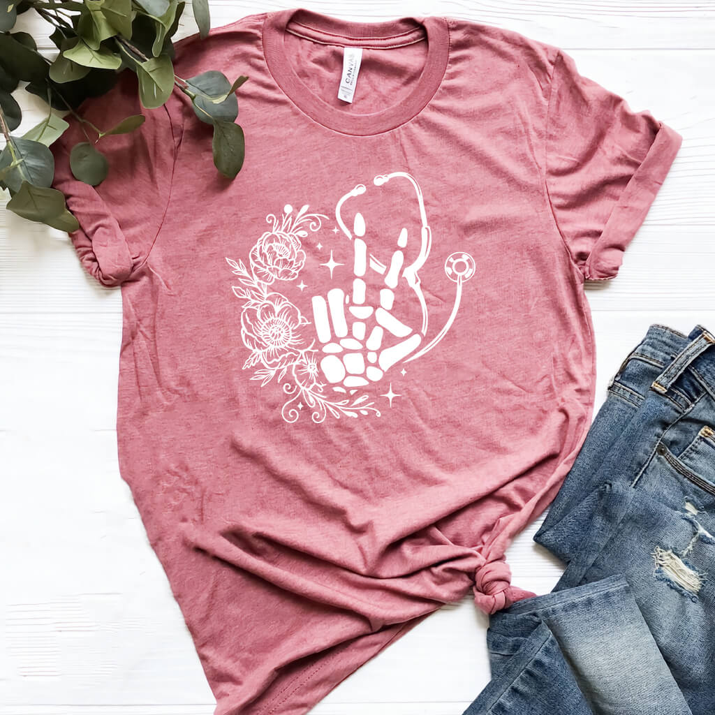 Floral Hand Skeleton Nurse T-shirt