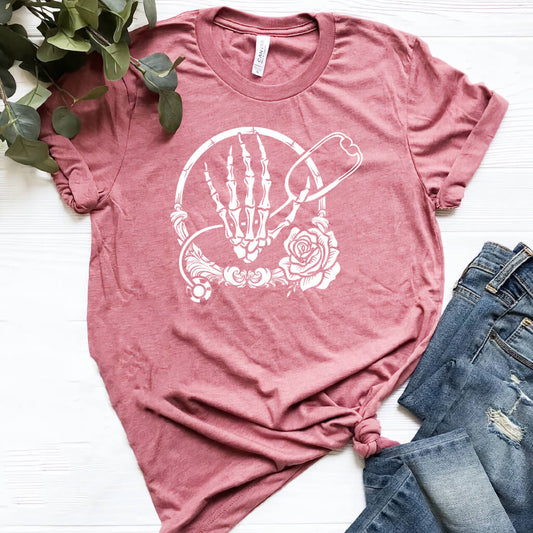 Nurse Skull Hand with Stethoscope Graphic T-shirt