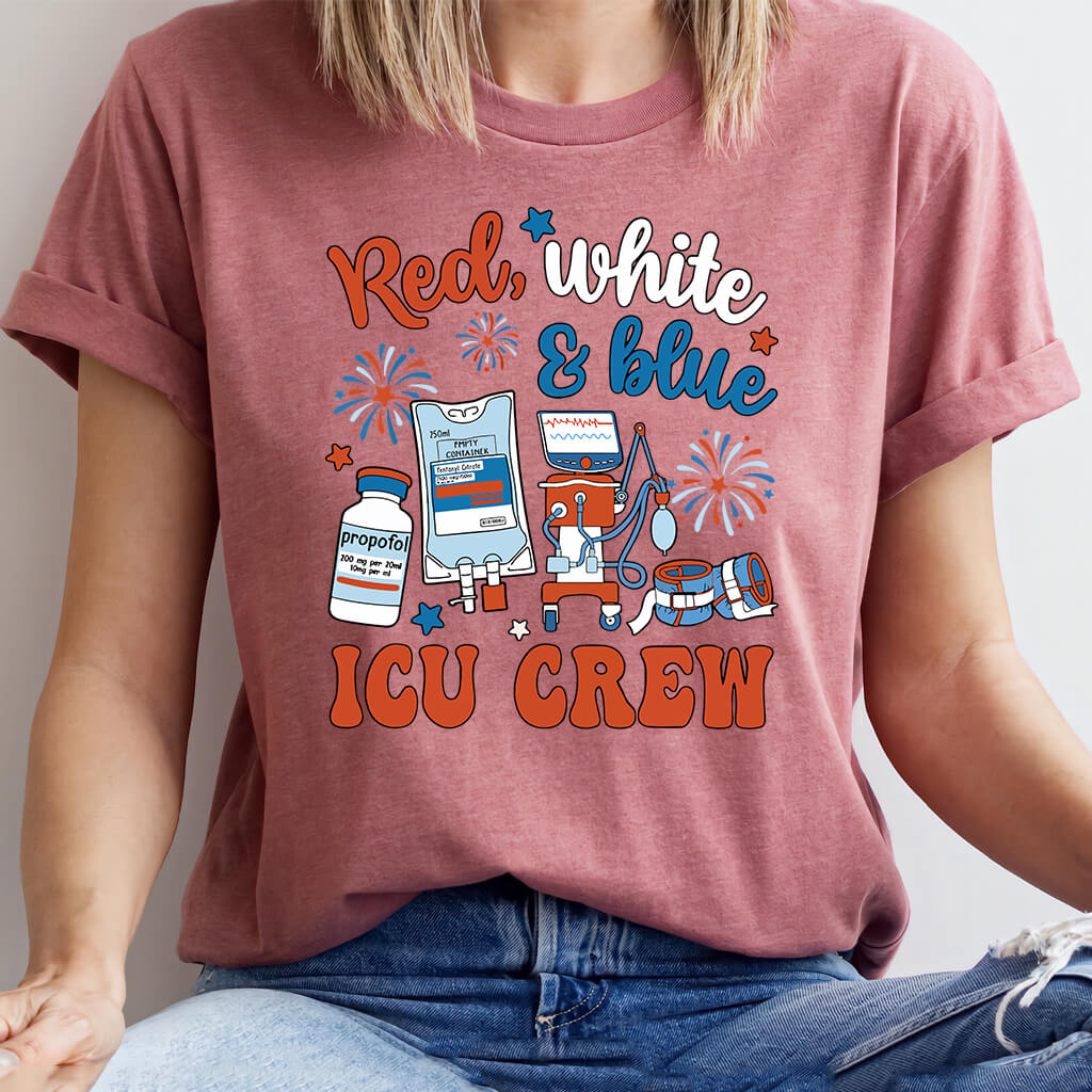 Red White and Blue ICU Crew Tee - Intensive Care Unit Nurse Shirt