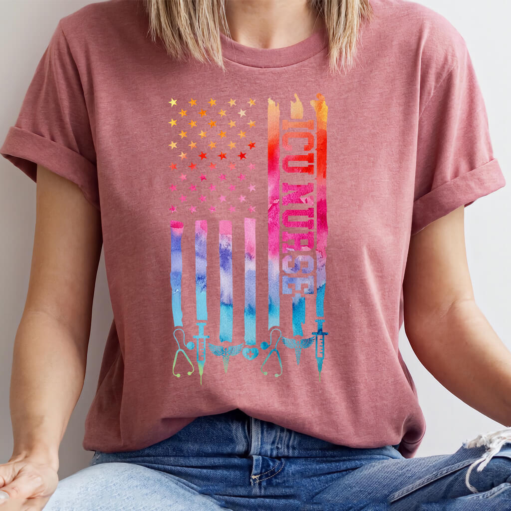 Tie Dye Intensive Care ICU Nurse U.S Flag T-shirt