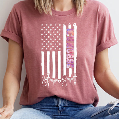 Colorful ICU Nurse U.S Flag Tee