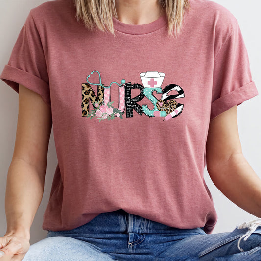 Stylish Nurse T-shirt - Leopard Print with Flowers and Stethoscope