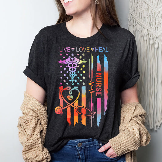 Live Love Heal Nurse U.S Flag T-shirt - Tie Dye Tee