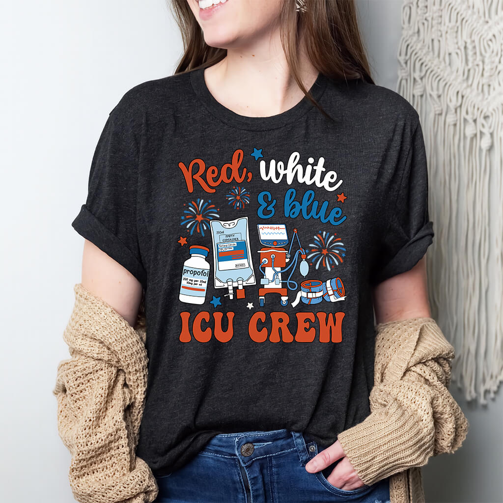 Red White and Blue ICU Crew Tee - Intensive Care Unit Nurse Shirt