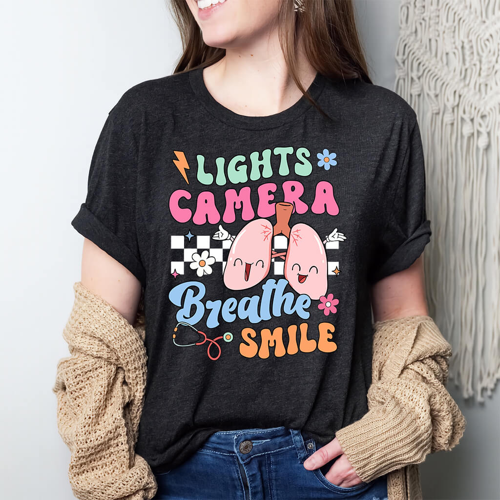 Funny ICU Nurse Tee - Lights Camera Breathe Smile Shirt