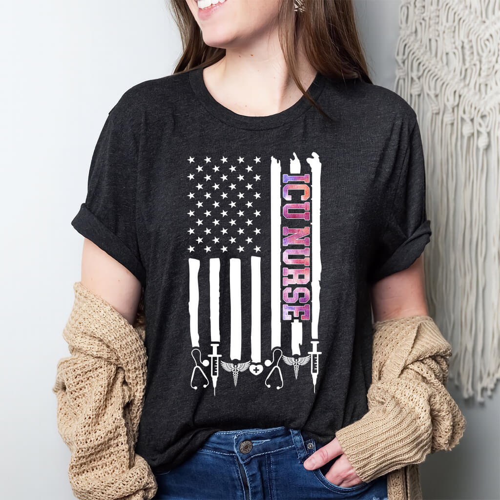 Colorful ICU Nurse U.S Flag Tee
