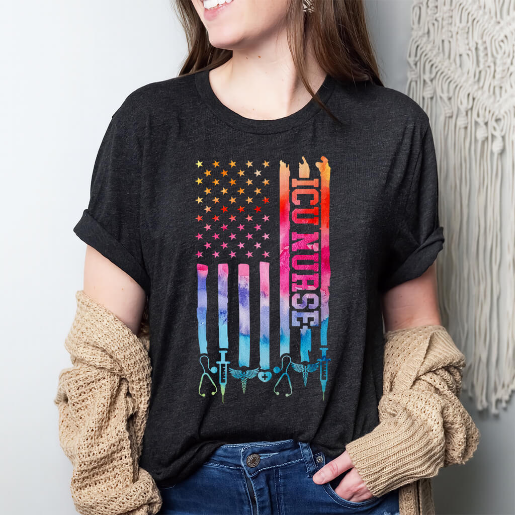 Tie Dye Intensive Care ICU Nurse U.S Flag T-shirt