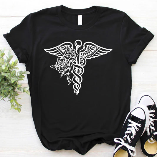 Floral Caduceus Symbol Tee
