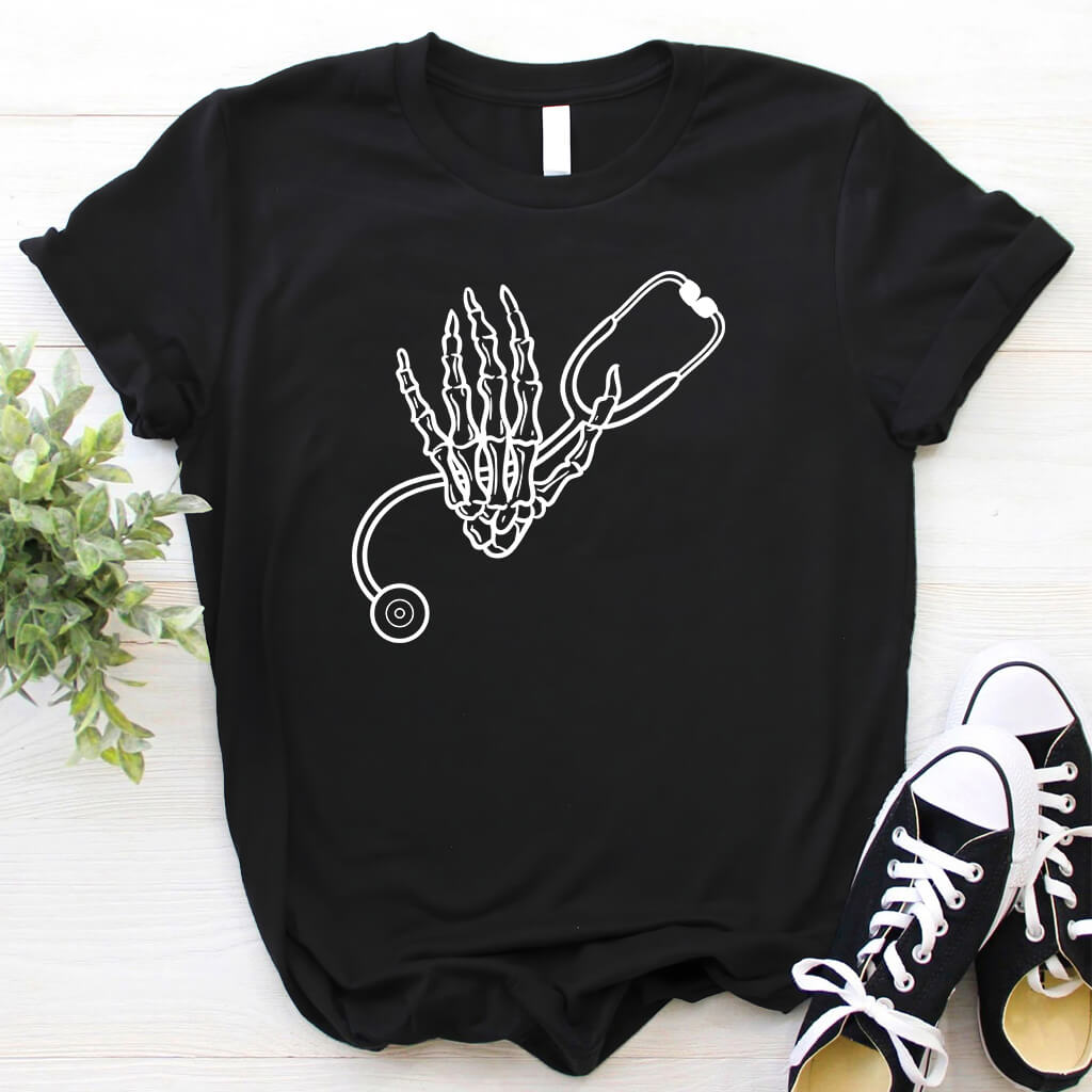 Skull Hand Holding Stethoscope T-shirt