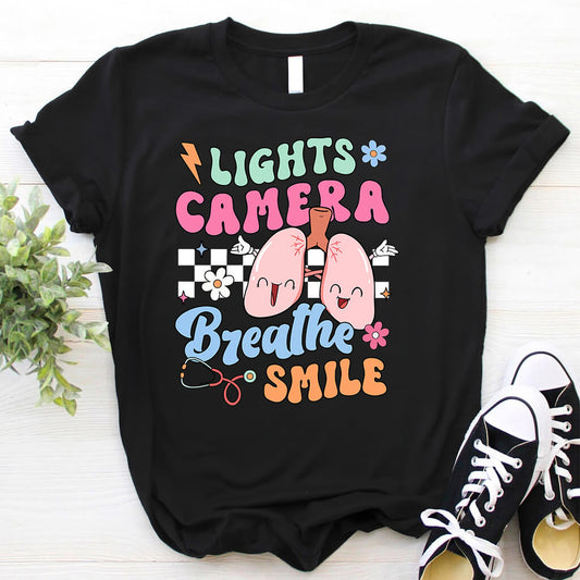 Funny ICU Nurse Tee - Lights Camera Breathe Smile Shirt