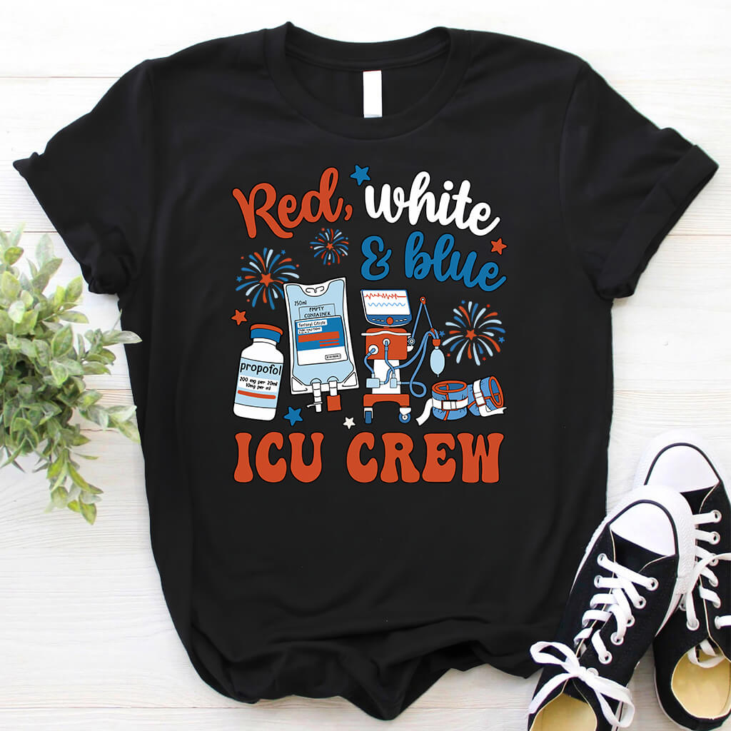 Red White and Blue ICU Crew Tee - Intensive Care Unit Nurse Shirt