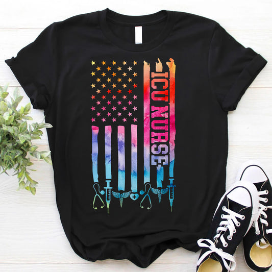 Tie Dye Intensive Care ICU Nurse U.S Flag T-shirt