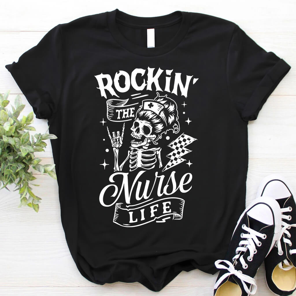 Rockin' the Nurse Life Tee - Skeleton Graphic Shirt