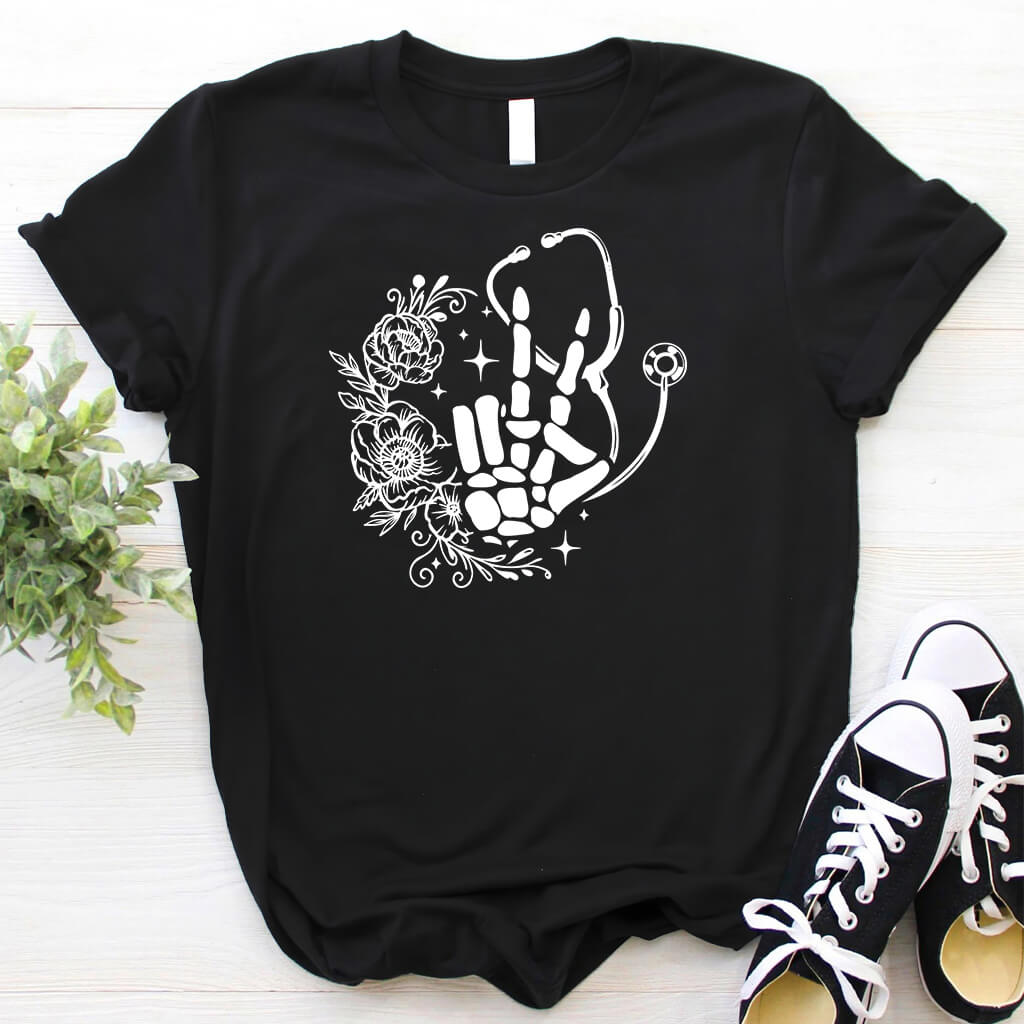 Floral Hand Skeleton Nurse T-shirt