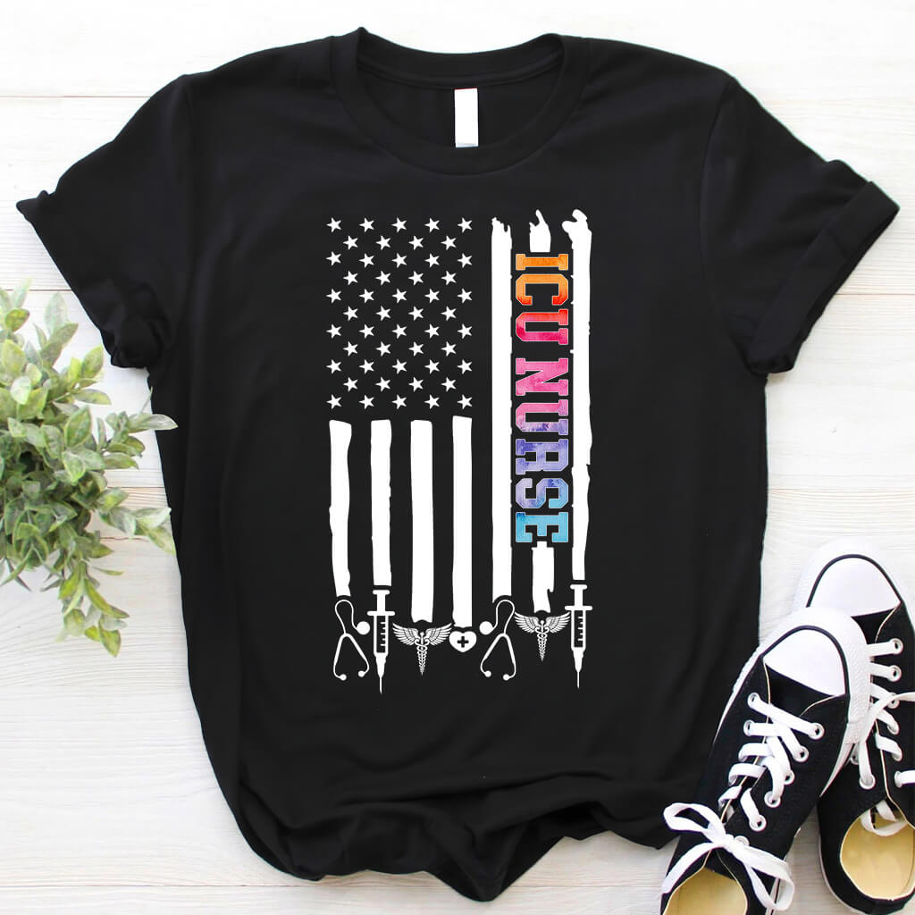 Tie Dye ICU Nurse U.S Flag Shirt