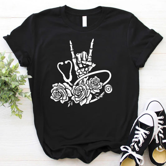 Rock and Roll Floral Skull Hand Holding Stethoscope Shirt