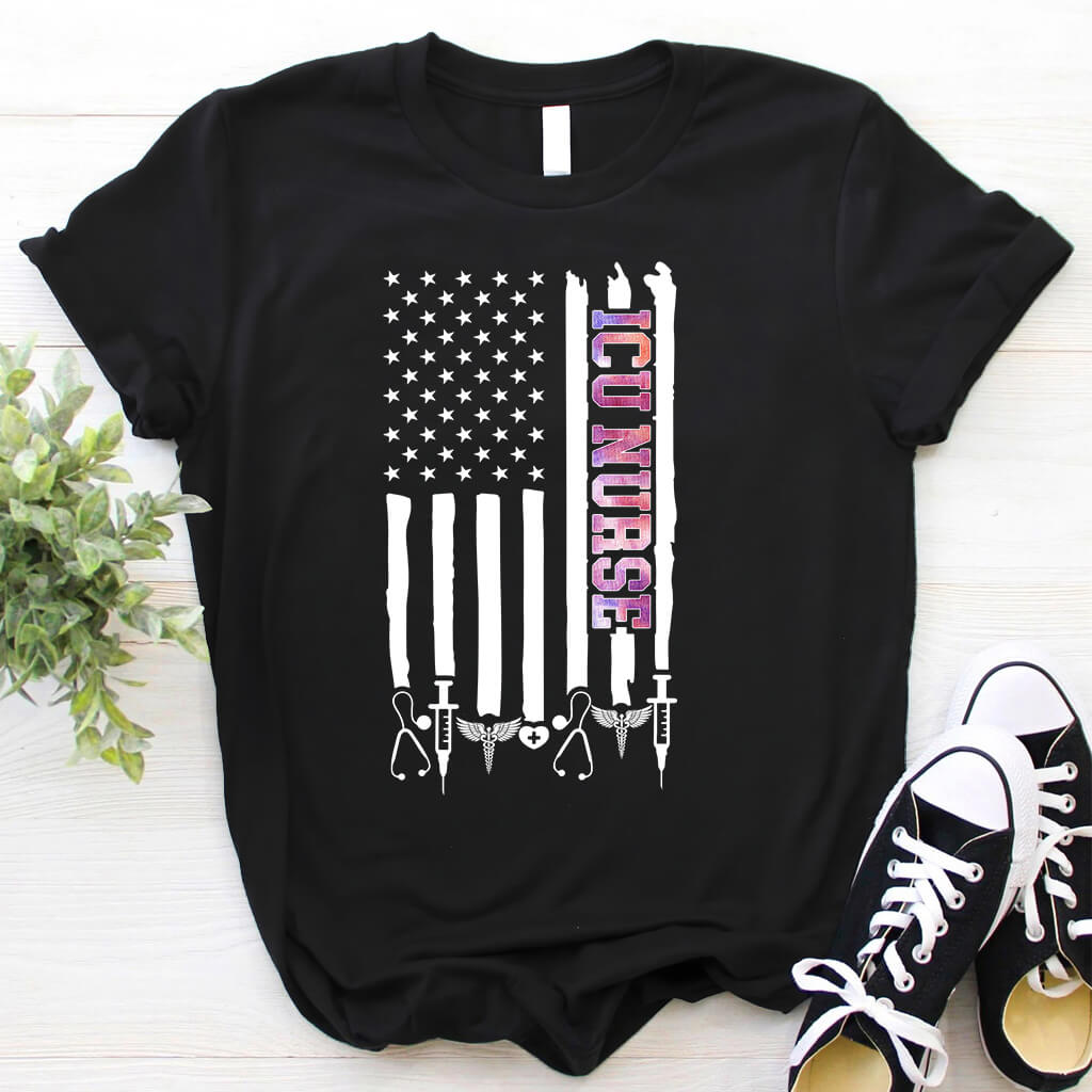 Colorful ICU Nurse U.S Flag Tee