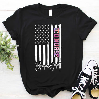 Colorful ICU Nurse U.S Flag Tee