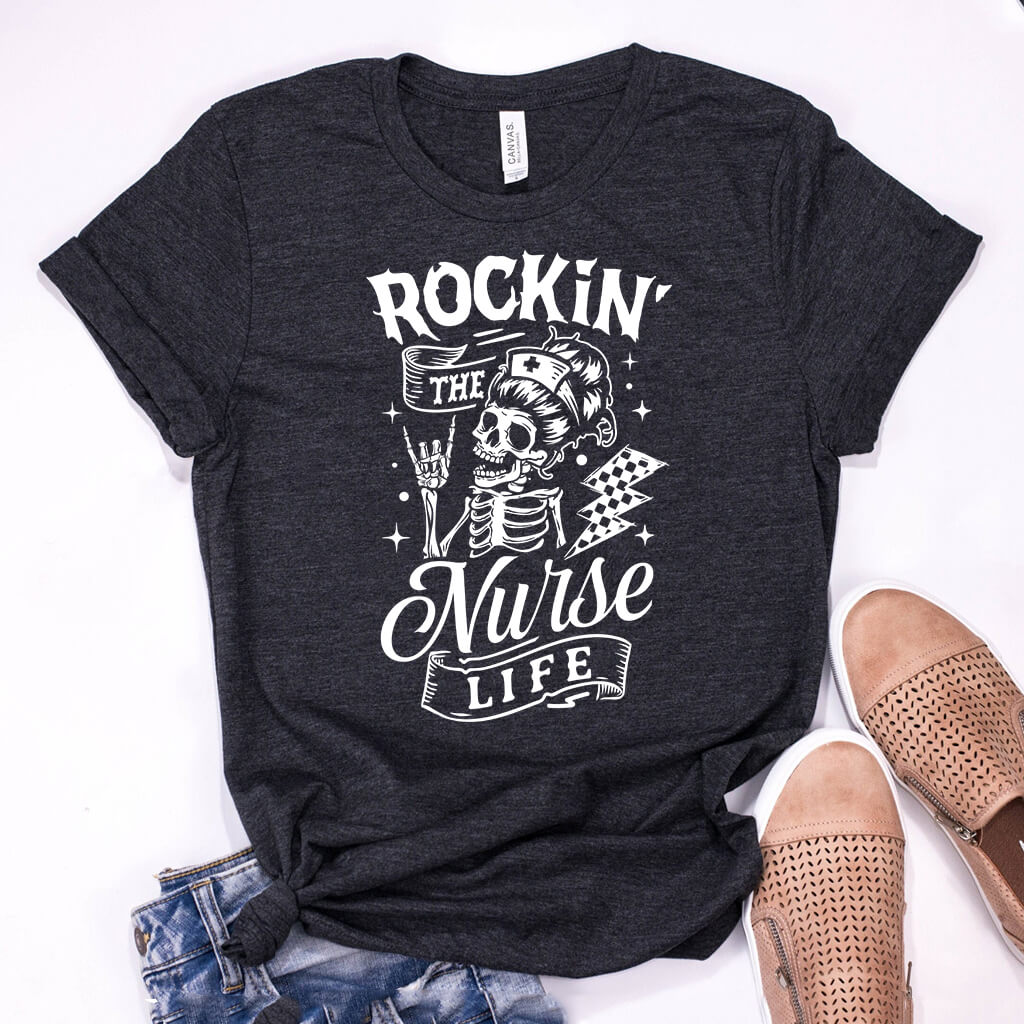 Rockin' the Nurse Life Tee - Skeleton Graphic Shirt