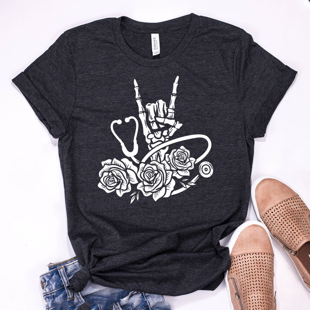 Rock and Roll Floral Skull Hand Holding Stethoscope Shirt