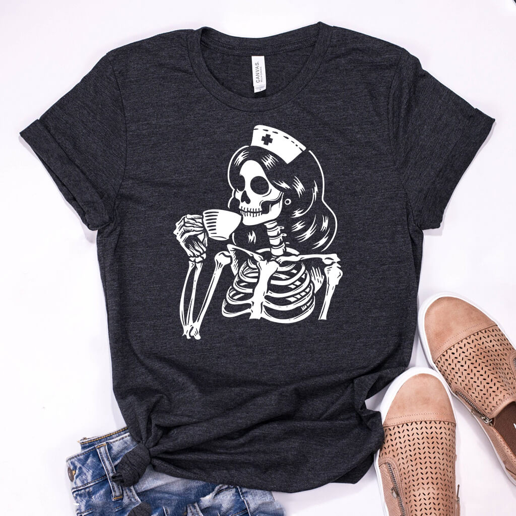 Nurse Skeleton Drinks Coffee Shirt