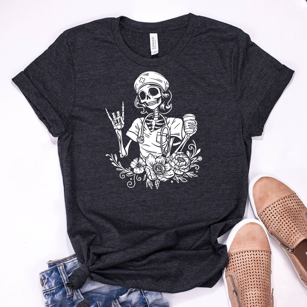 Nurse Floral Skeleton with Coffee T-shirt