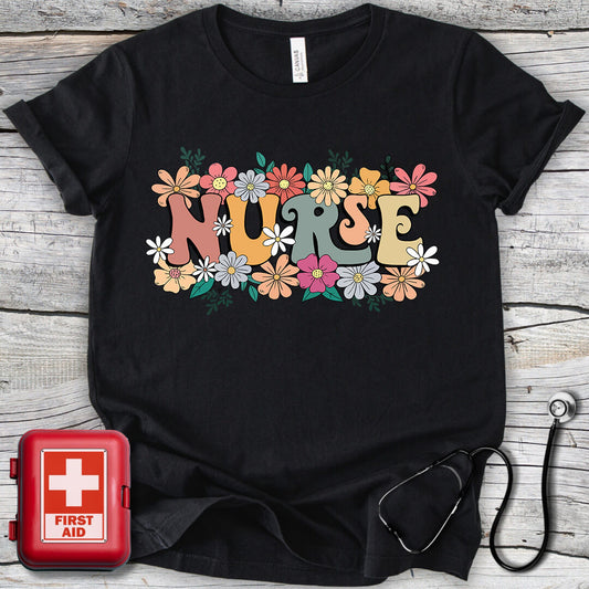 Nurse Flowers Retro T-shirt