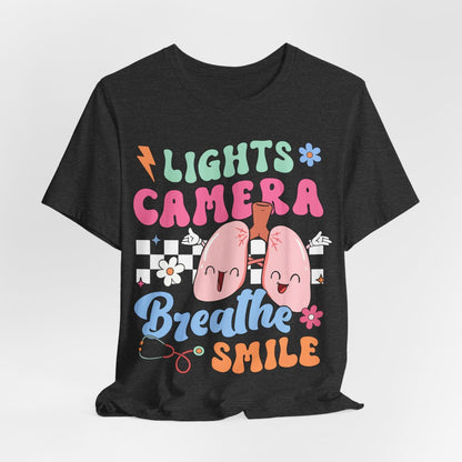 Funny ICU Nurse Tee - Lights Camera Breathe Smile Shirt