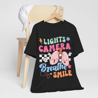 Funny ICU Nurse Tee - Lights Camera Breathe Smile Shirt