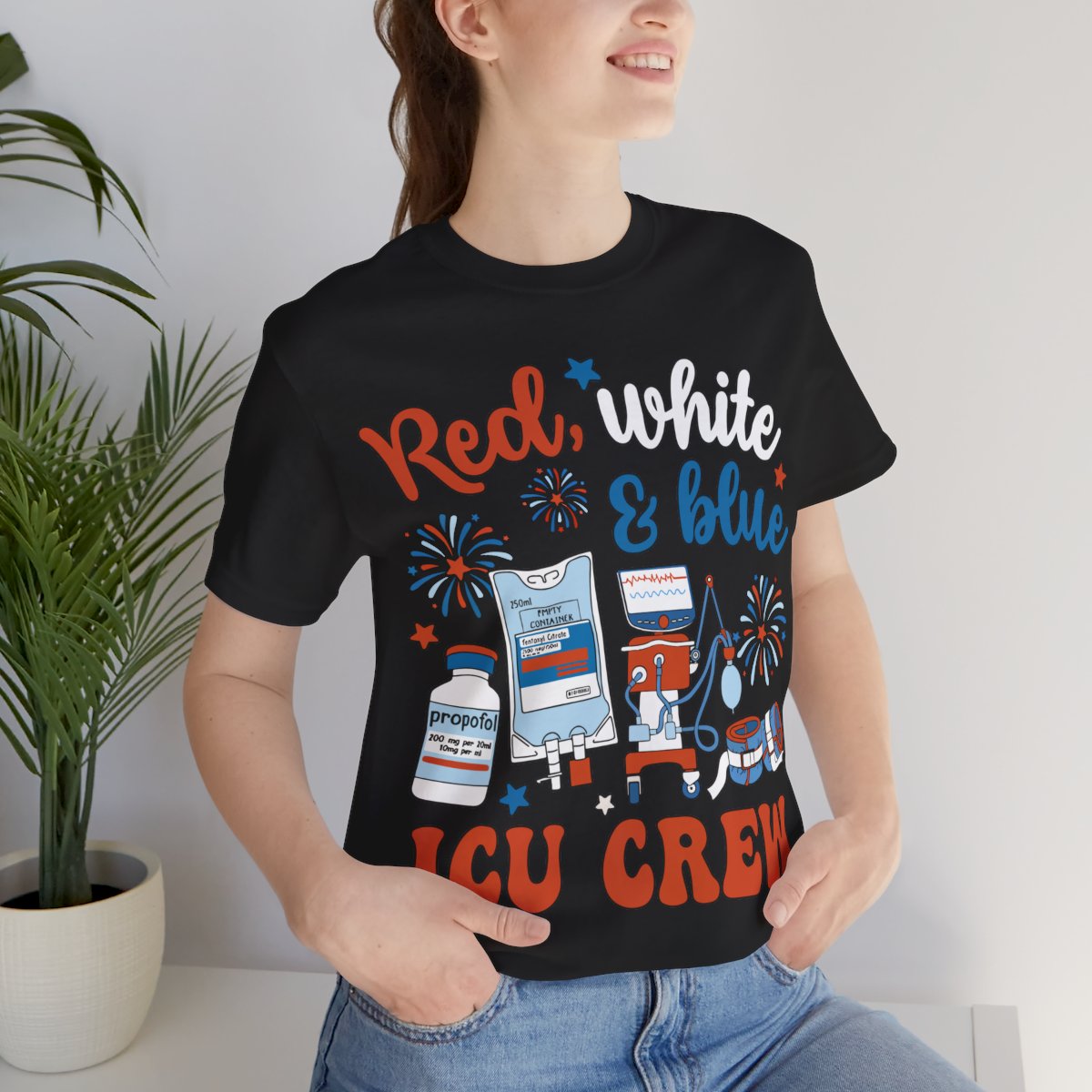Red White and Blue ICU Crew Tee - Intensive Care Unit Nurse Shirt